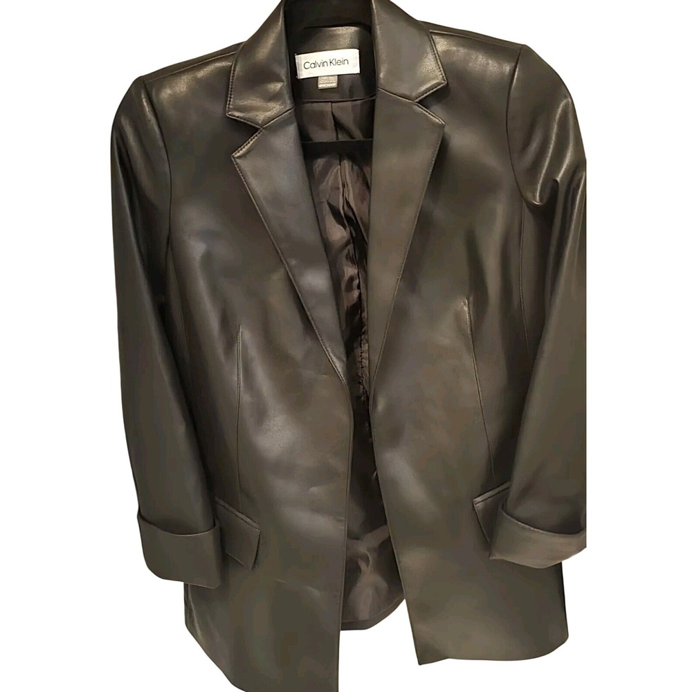 Calvin Klein Faux Leather Blazer 4P Petite Black 3/4‎ Sleeve Moto Chic Workwear